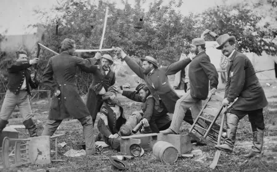 “A muss at headquarters” – Union soldiers act out a choreographed brawl near Falmouth, Va, 1863. Photo by James F. Gibson. [900×561]