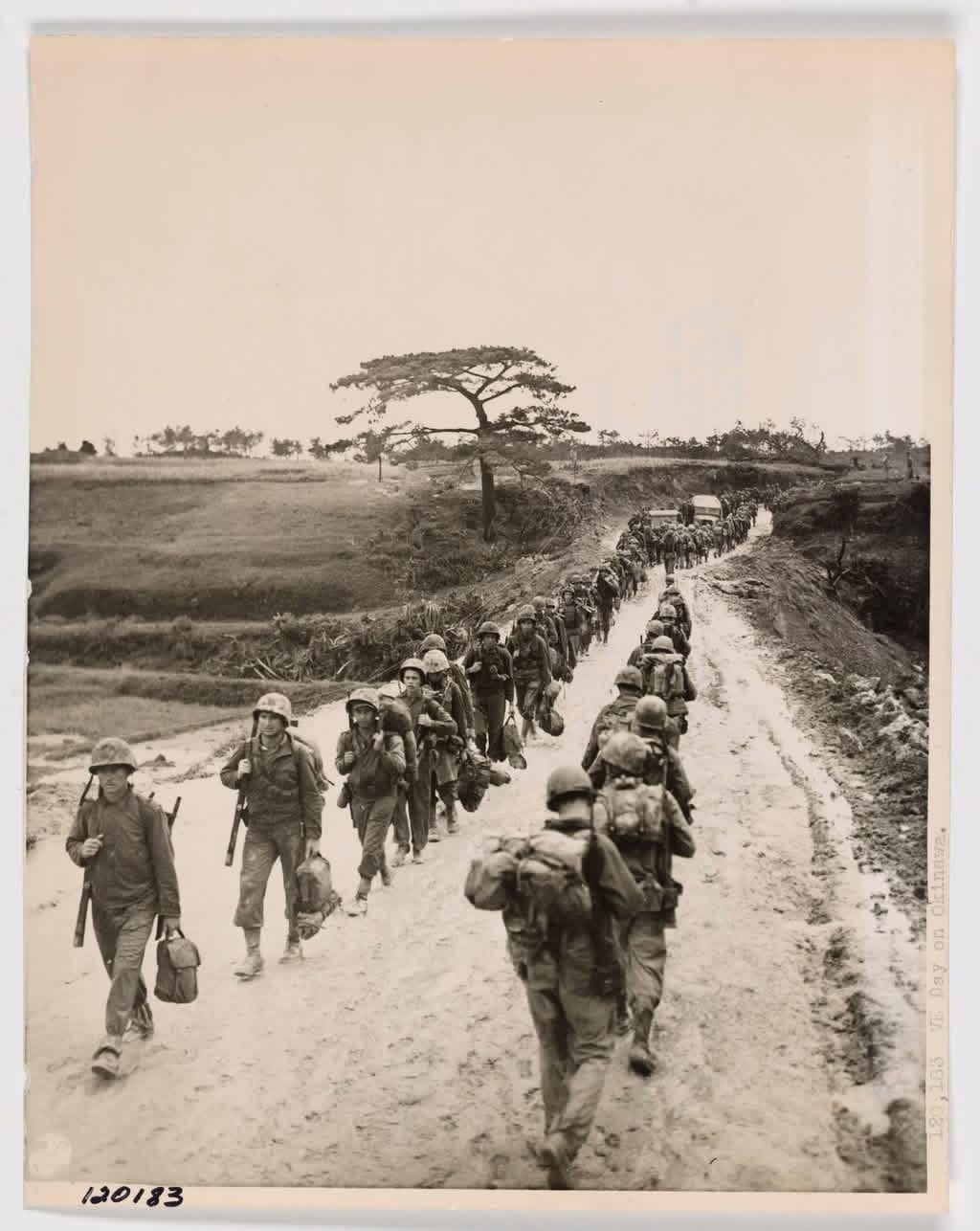 VE Day on Okinawa- While Europe rejoiced at the end of the war in the west, these Marines found no respite from the bitter struggle on Okinawa. Through the mud of a narrow road, one file moves up to the front line past a column of returning men on the road to Naha, May, 1945. [1024×1286]
