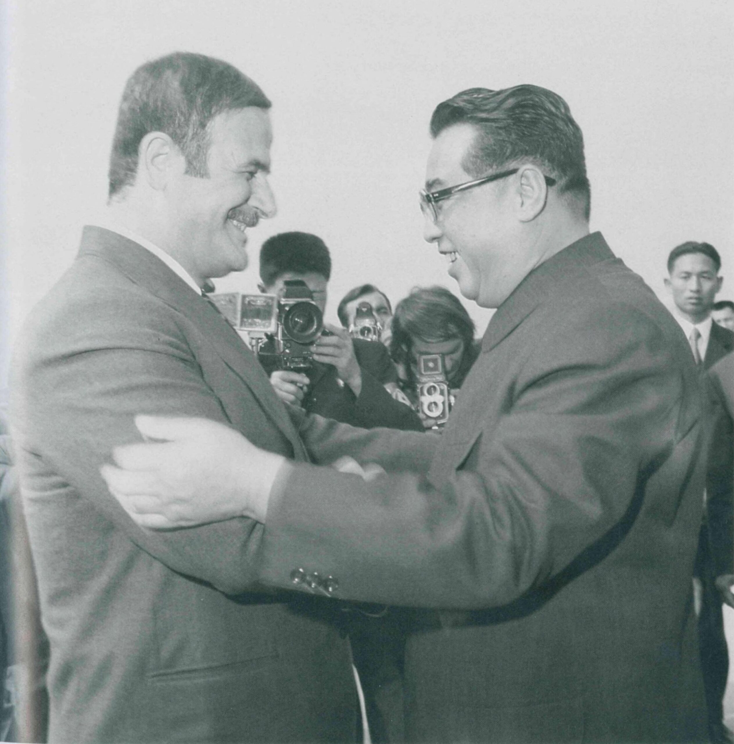 North korean supreme leader kim il sung greets his friend Syrian president hafez al assad as he arrives in Pyongyang September 1974 (2714×2749)