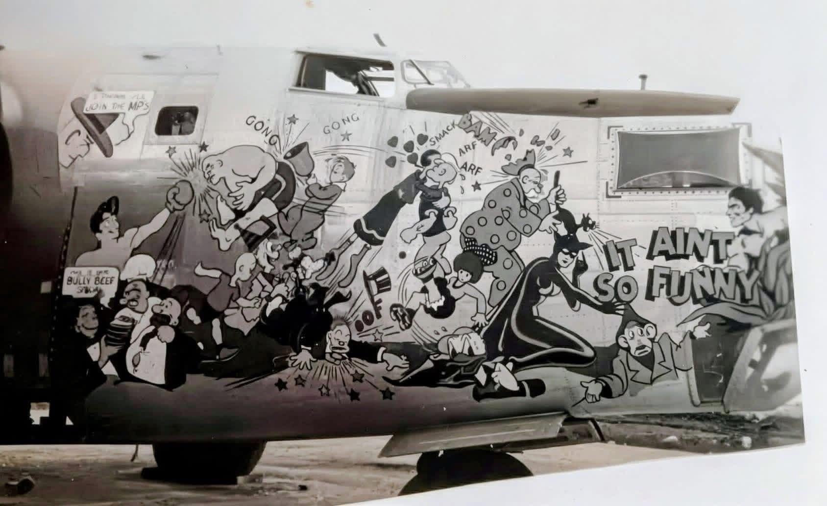B-24 Liberator (s/n 44-49853) “It Ain’t So Funny” of the 43rd Bomb Group, which operated from Australia, New Guinea, and Owi Island, making numerous attacks on Japanese shipping in the Netherlands East Indies and the Bismarck Archipelago, 1944. Artist – S/Sgt Sarkis E. Bartigan. [1688×1032]