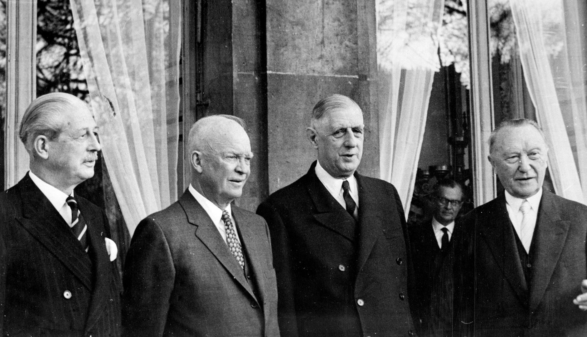 The leaders of the major western powers in Paris, 1959. British Prime Minister Harold Macmillan, US President Dwight Eisenhower, French President Charles De Gaulle, and West German Chancellor Konrad Adenauer (1800×1080)