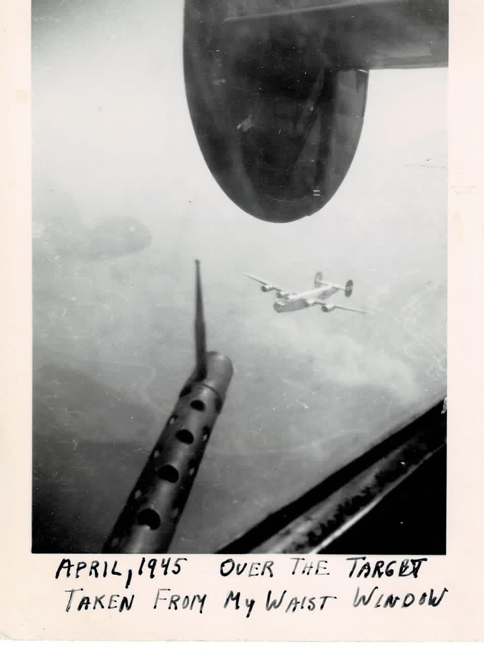 Photograph taken by waist gunner Fred D Venables, 8th Air Force, 466th Bomb Group, 785th Bomb Squadron, B24 piloted by Henry N. Thorsen, 1945. [957×1286]