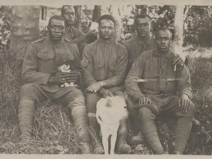 Soldiers of the American 92nd division somewhere in France. They fought in the Meuse-Argonne Offensive during the closing months of the war despite intense prejudice and segregation from white officers. (720×540) 1918.
