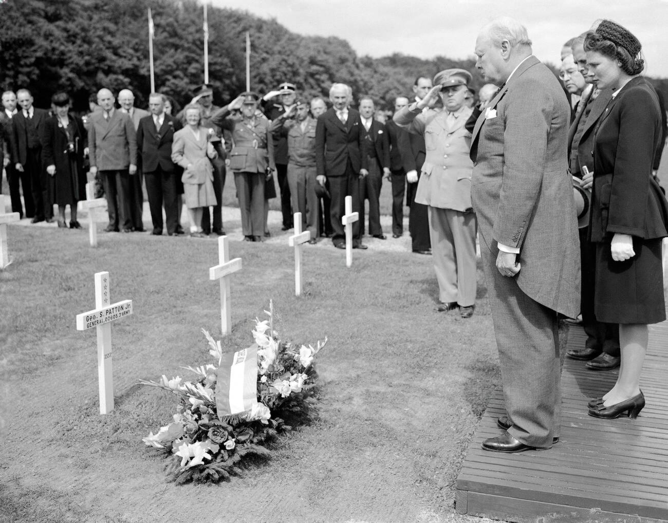 Former (& future) Prime Minister Winston Churchill pays his respects at the grave of US general George S Patton, 1946. Patton died suddenly in a car crash only months after WWII ended (1300×1018)