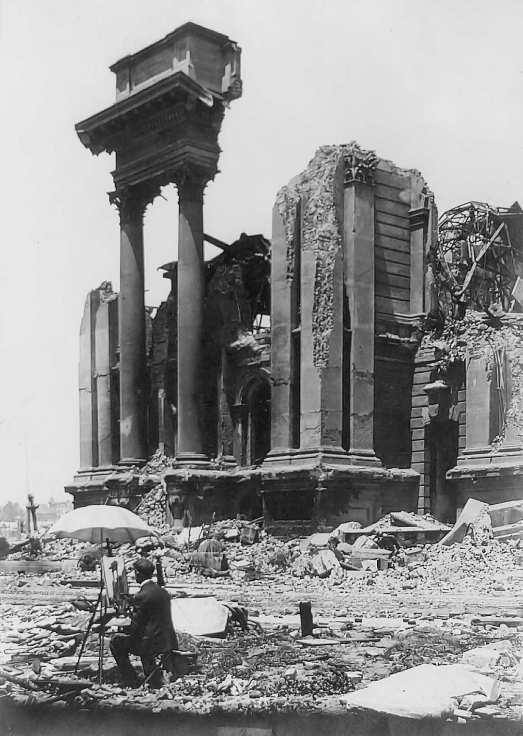 An Artist Painting a Picture of the Ruins of the San Francisco Earthquake remembered as one of the worst and deadliest natural disasters in the history of the United States which registered 8.25 on the Richter scale, 1906. [1080×1518]
