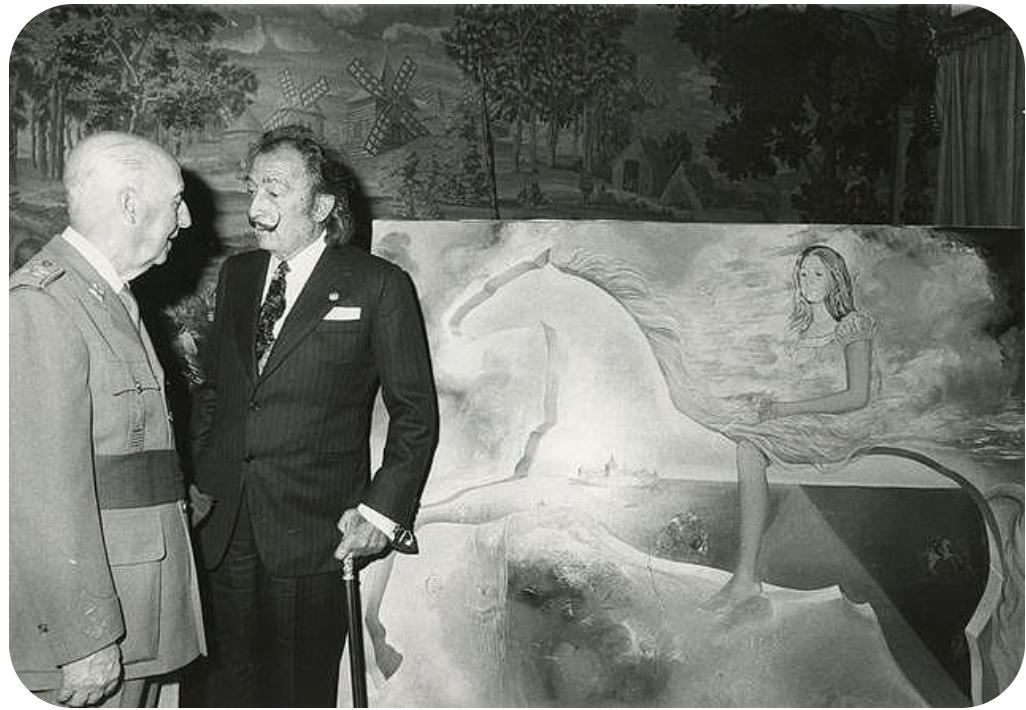 General Francisco Franco being presented a painting of his grand daughter Carmen Martínez-Bordiú by Salvador Dalí, November 8, 1972. [1026 x 720]