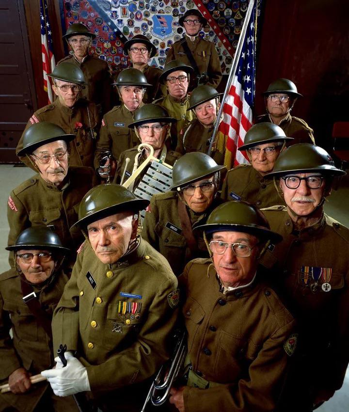 American WWI Drum and Bugle Corps veterans at a reunion in 1978 Sault Ste. Marie, Michigan. Photo by James L. Amos [720×850]