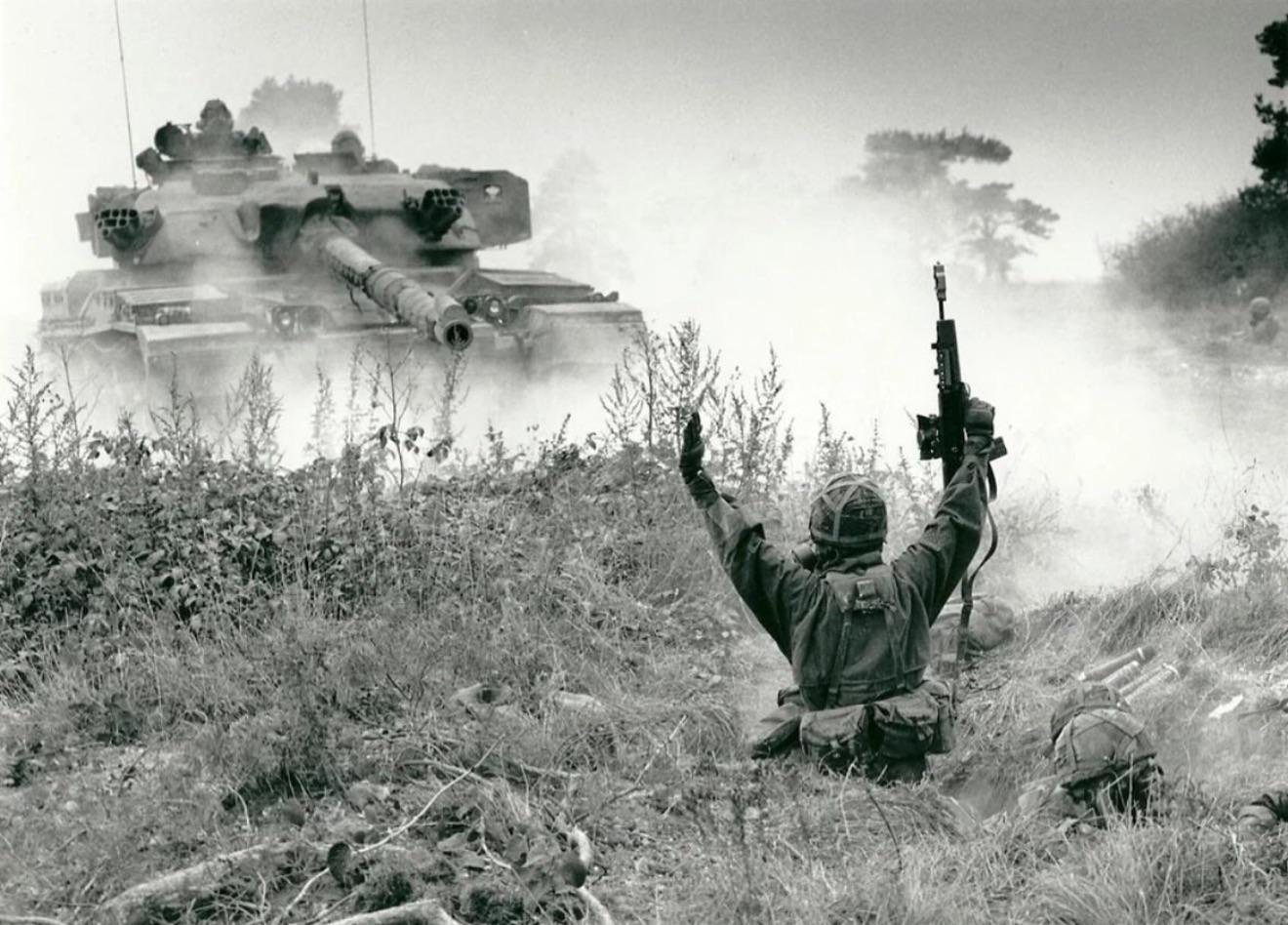 British Army Chieftain main battle tank (MBT), and British soldiers, during a NATO training exercise in West Germany, c. late 1980s. [1320 x 948]