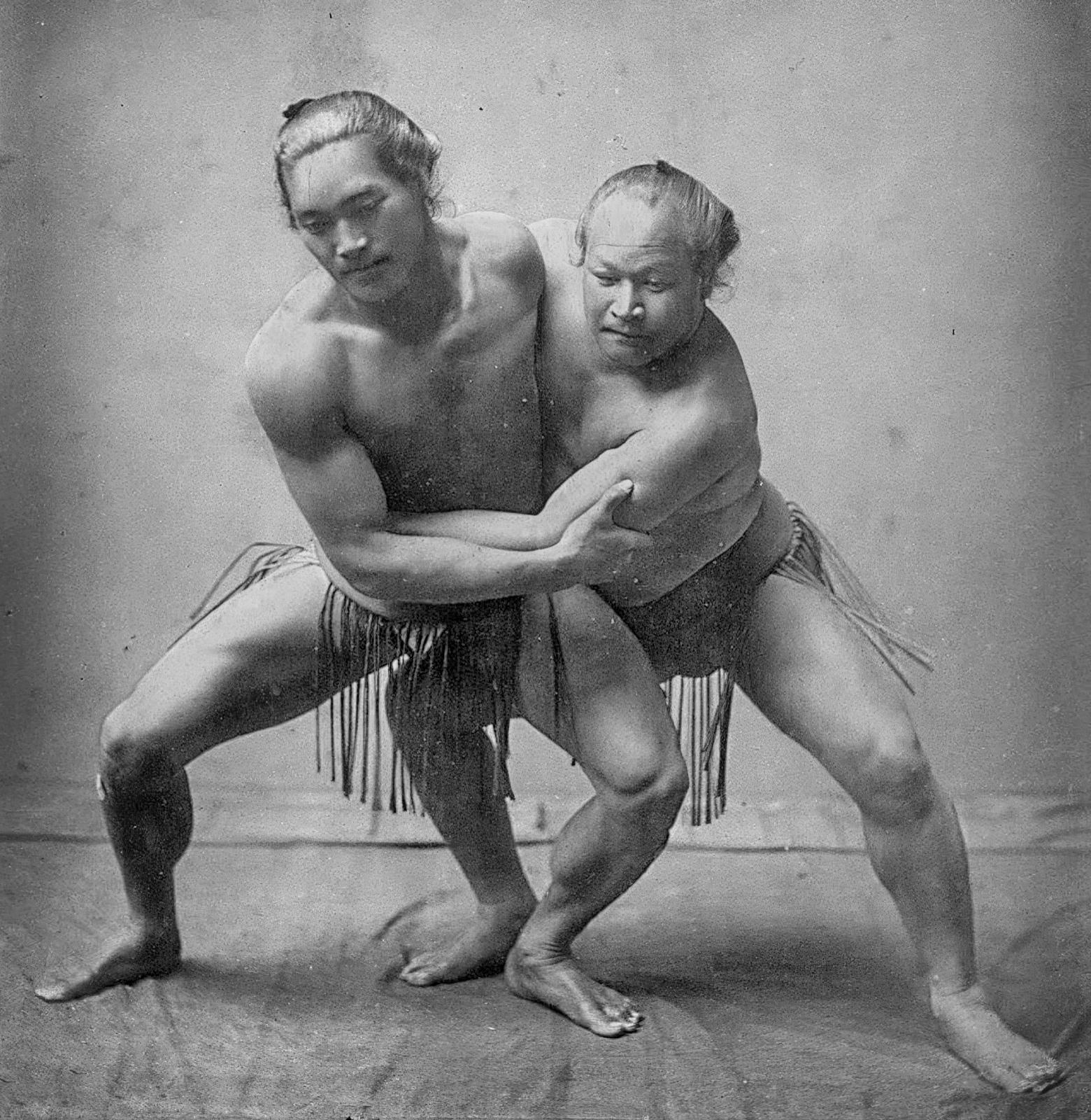 Two sumo wrestlers. Japan, 1880. Photo by Raimund von Stillfried [1560×1600]