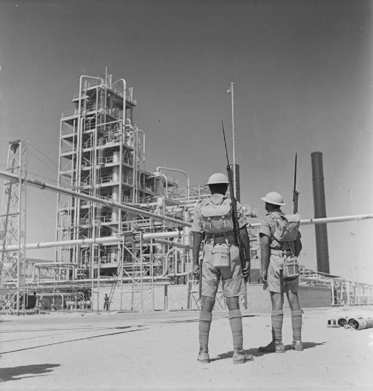 British forces safeguarding the Abadan oil refinery factory, 1940s WW2 (Persia) [762×800]