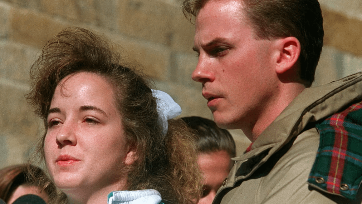 Susan Smith, 23, and her husband talk to the press after the disappearances of their two sons. She drove her car into a lake and left the boys there to drown. During the interview, Smith claimed that a phantom black male carjacker had kidnapped her sons (South Carolina, 1994) [1600 x 1277].