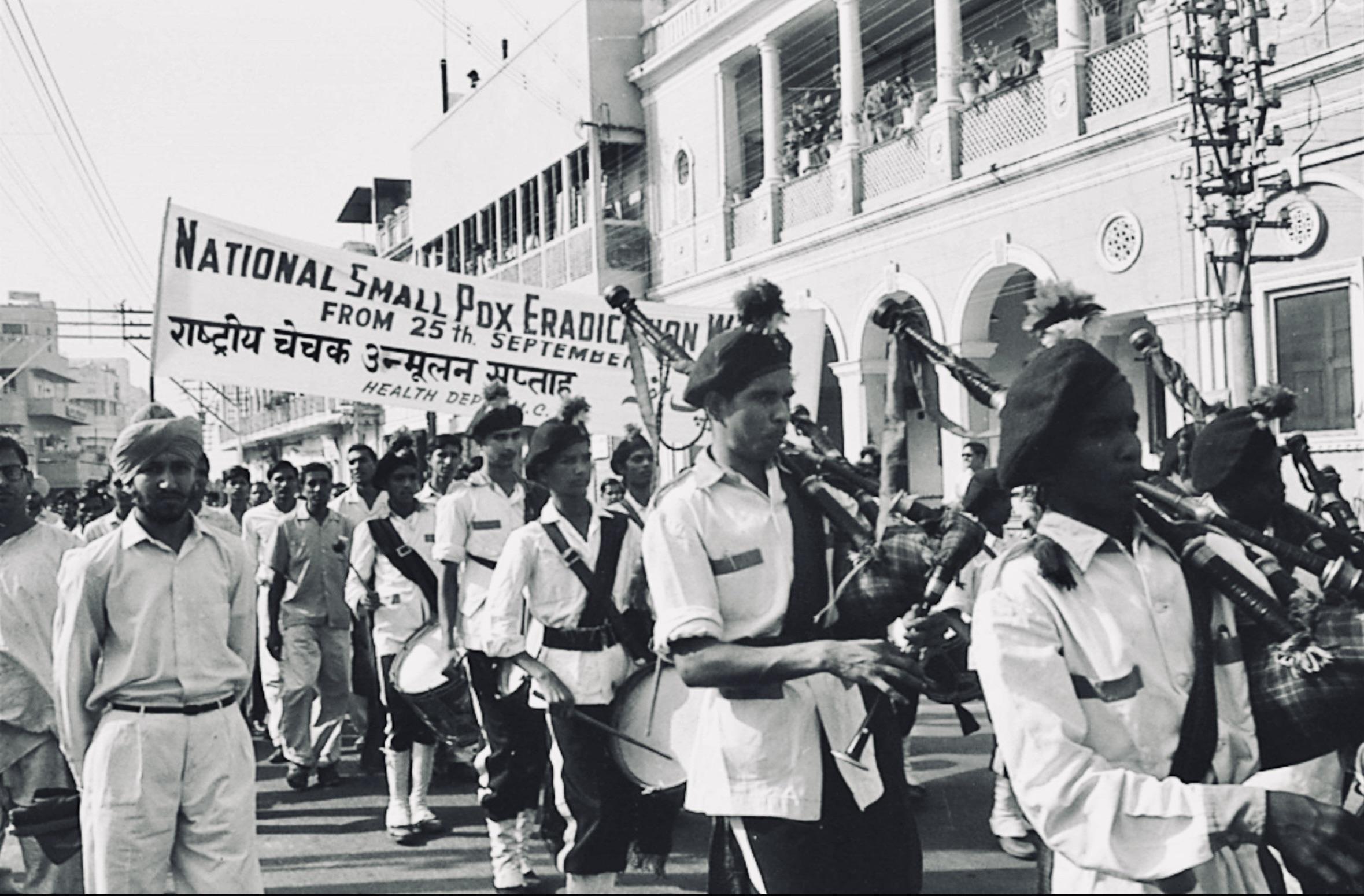 Smallpox eradication campaign parade in India, c. 1970s [1600 × 1000]