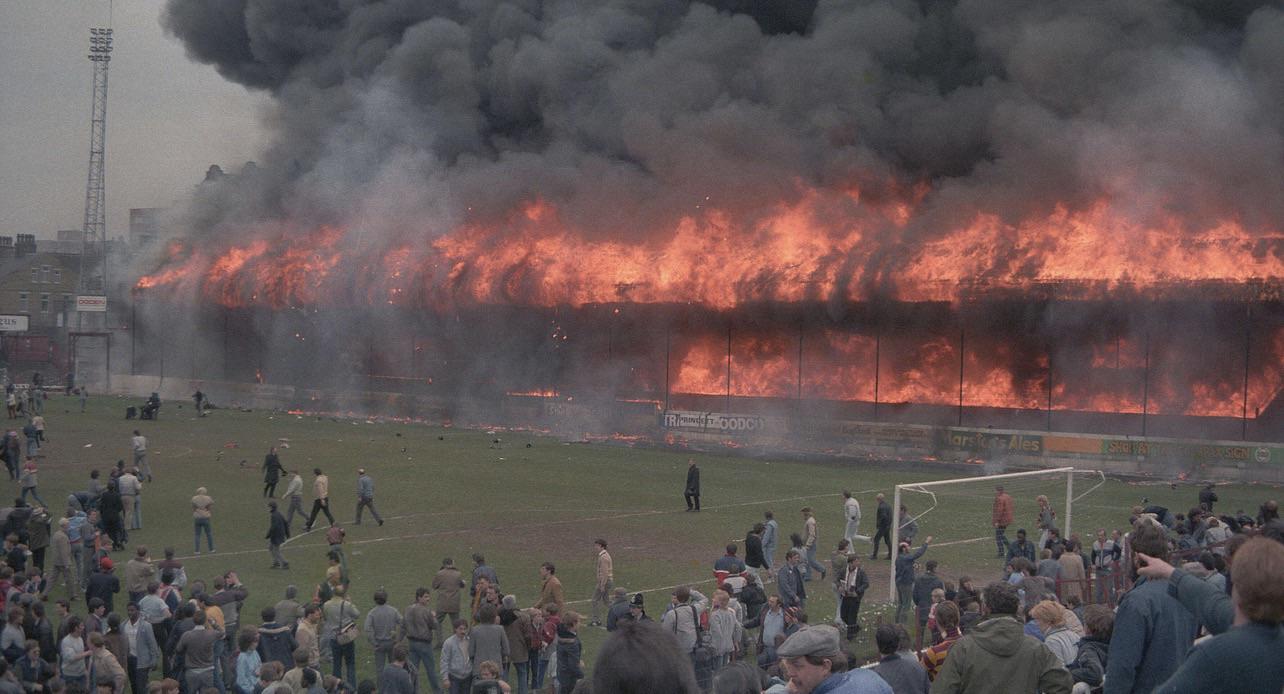 Valley Parade’s main stand fully engulfed in flames on May 11th, 1985. The fire consumed the structure in just 270 seconds, killing 56 people and injuring more than 265 [1284X694].