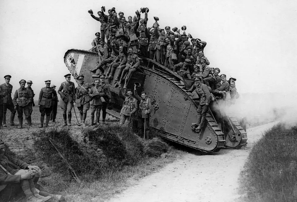 British soldiers ride on a Mark IV after a tank-led attack in Cambrai, France on the 20th of November, 1917 [ 960 x 653 ]
