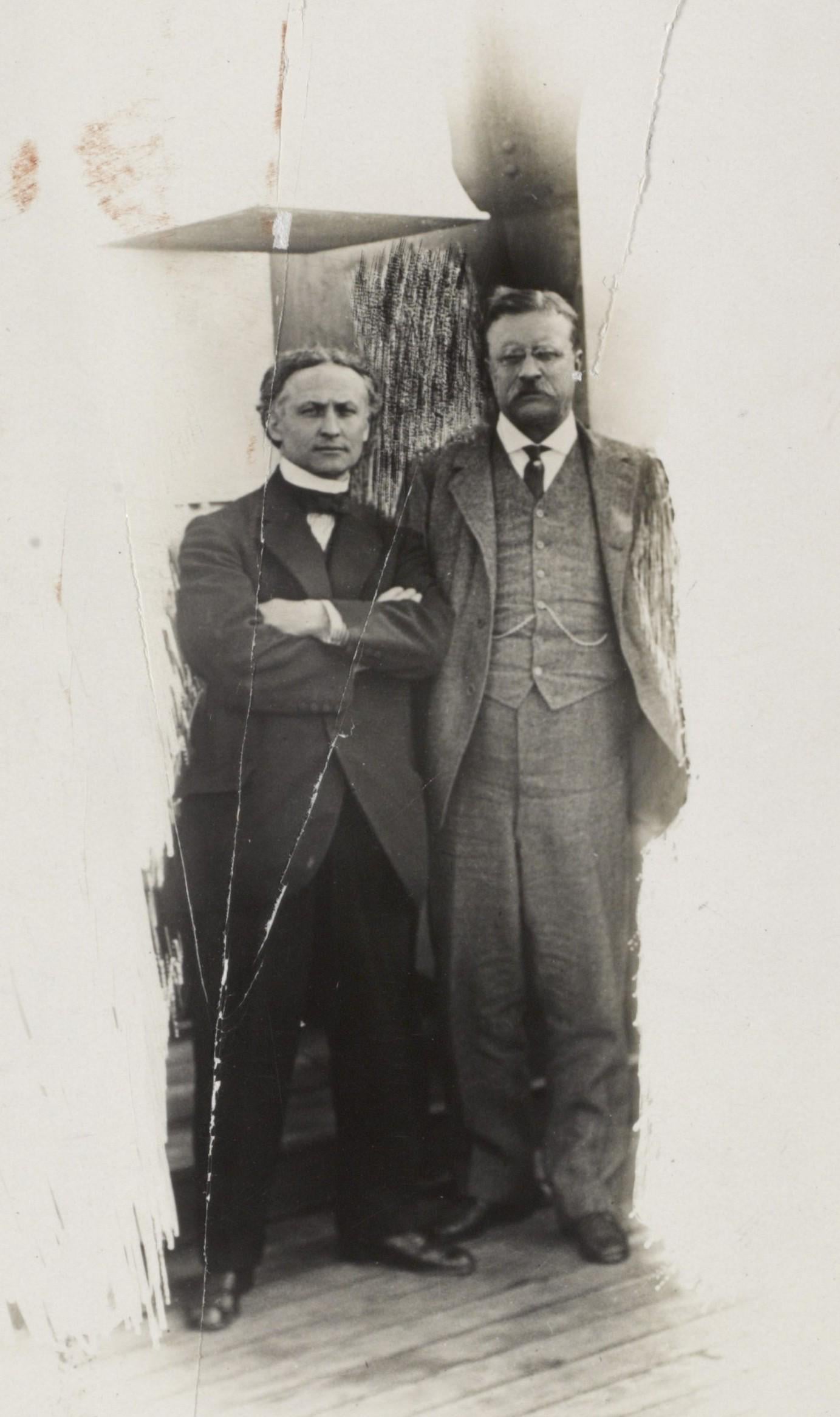 Magician Harry Houdini alongside former US President Theodore Roosevelt on the SS Imperator, 1914 (2333×1383)
