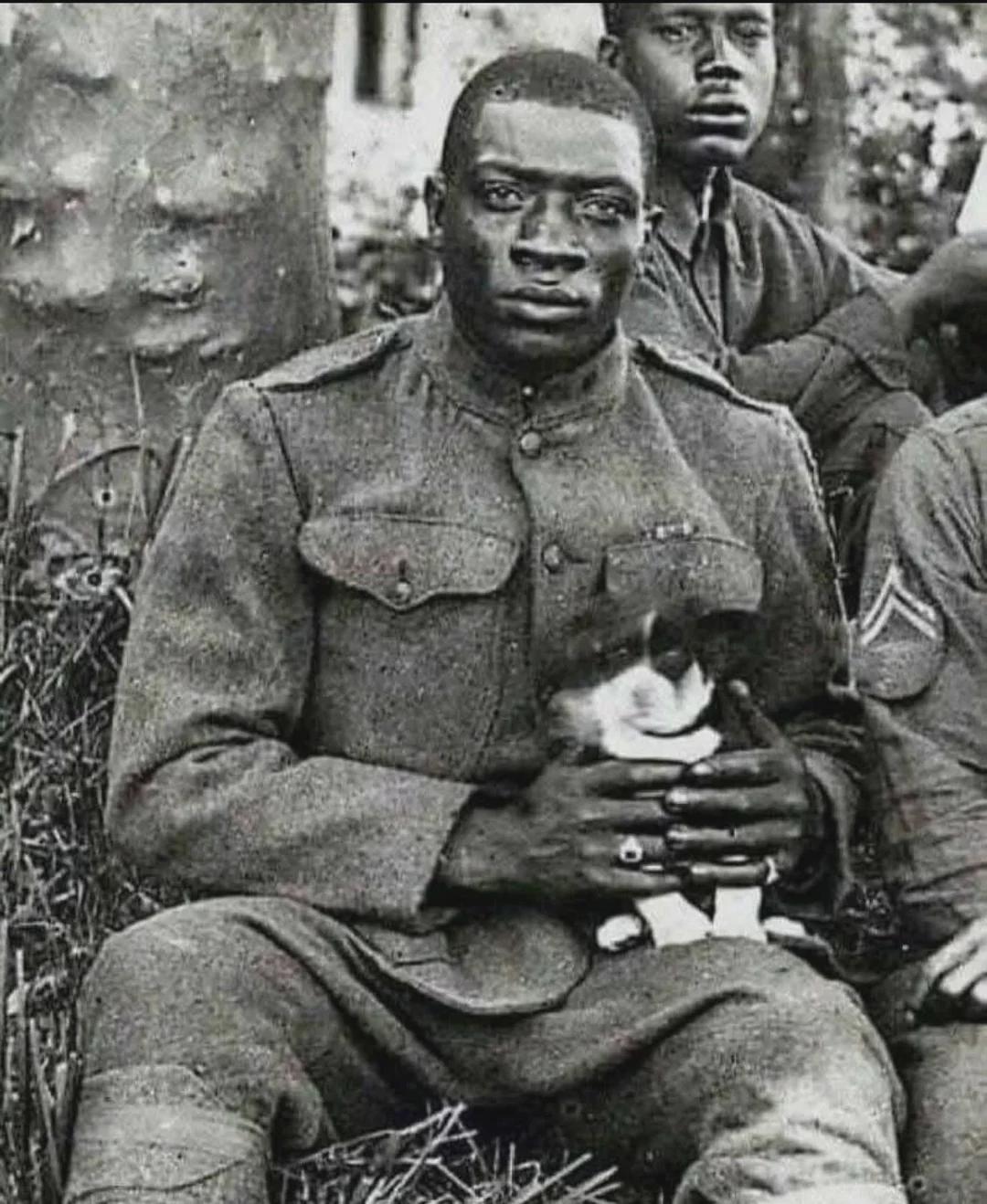 A member of the Harlem Hellfighters (369th Infantry Regiment) holding a puppy he saved during WWI, 1918. [1080×1318]