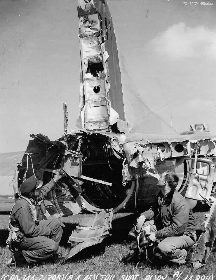 B-17G of the 600th Bomb Squadron after a catastrophic flak hit during a mission over Germany. The blast killed tail gunner S/Sgt Wallace E. Kasch and severed the plane’s tail. Miraculously, the pilot and copilot managed to get the crippled bomber back to England safely. April 8, 1945. [740×959]