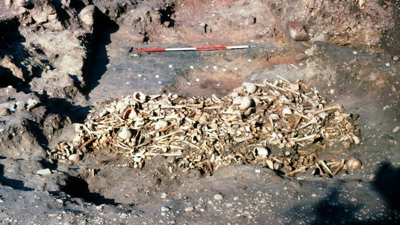 Viking Great Heathen Army charnel pit, Repton, Derbyshire, England, photographed 1980. Remains of 264 Norse warriors confirmed by DNA analysis as Scandinavian males, some of the most significant Viking genetic evidence found on British soil. [1280×720]