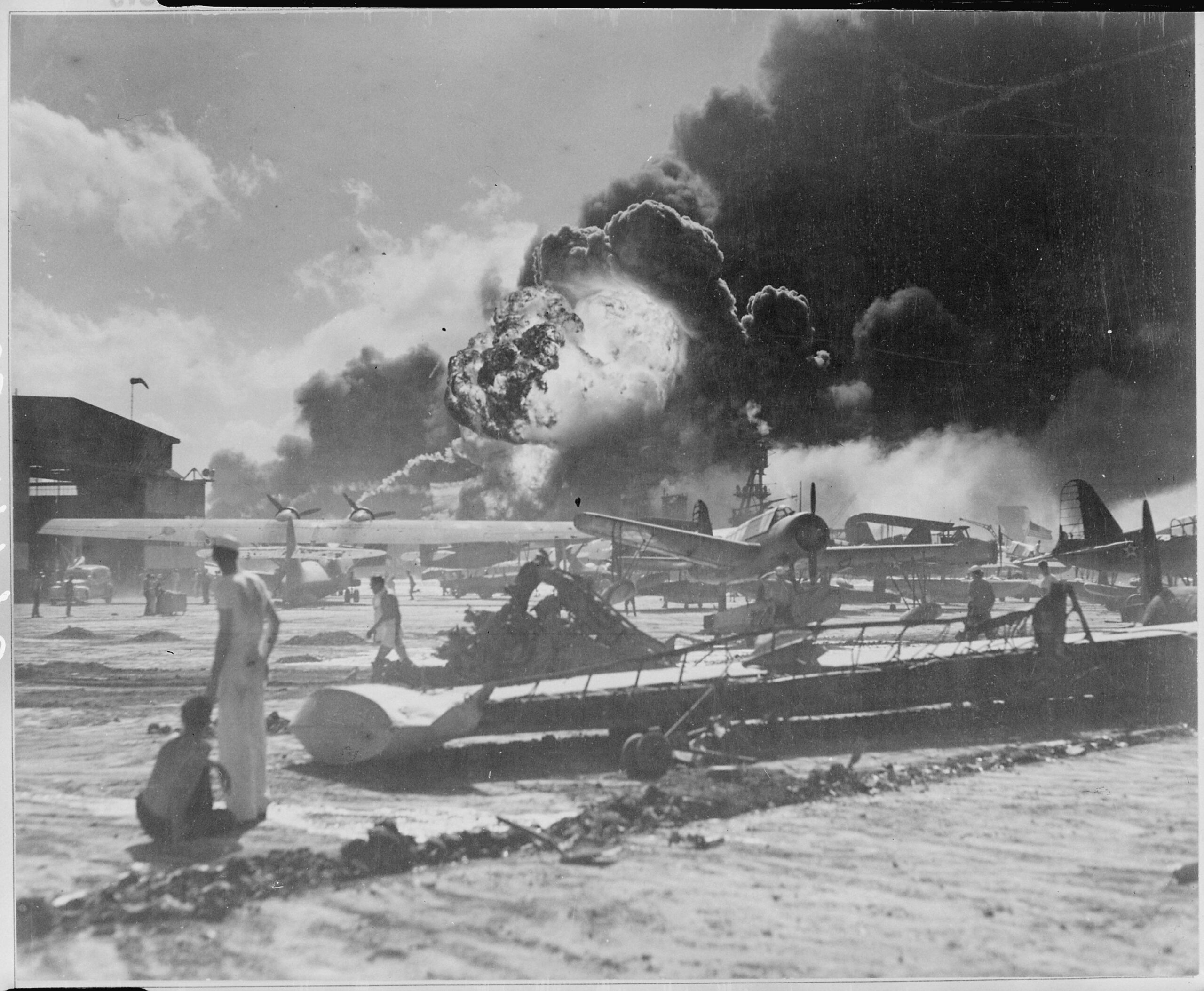 “Pearl Harbor, taken by surprise, during the Japanese aerial attack. Wreckage at Naval Air Station, Pearl Harbor” (12/7/1941) [3000×2469]