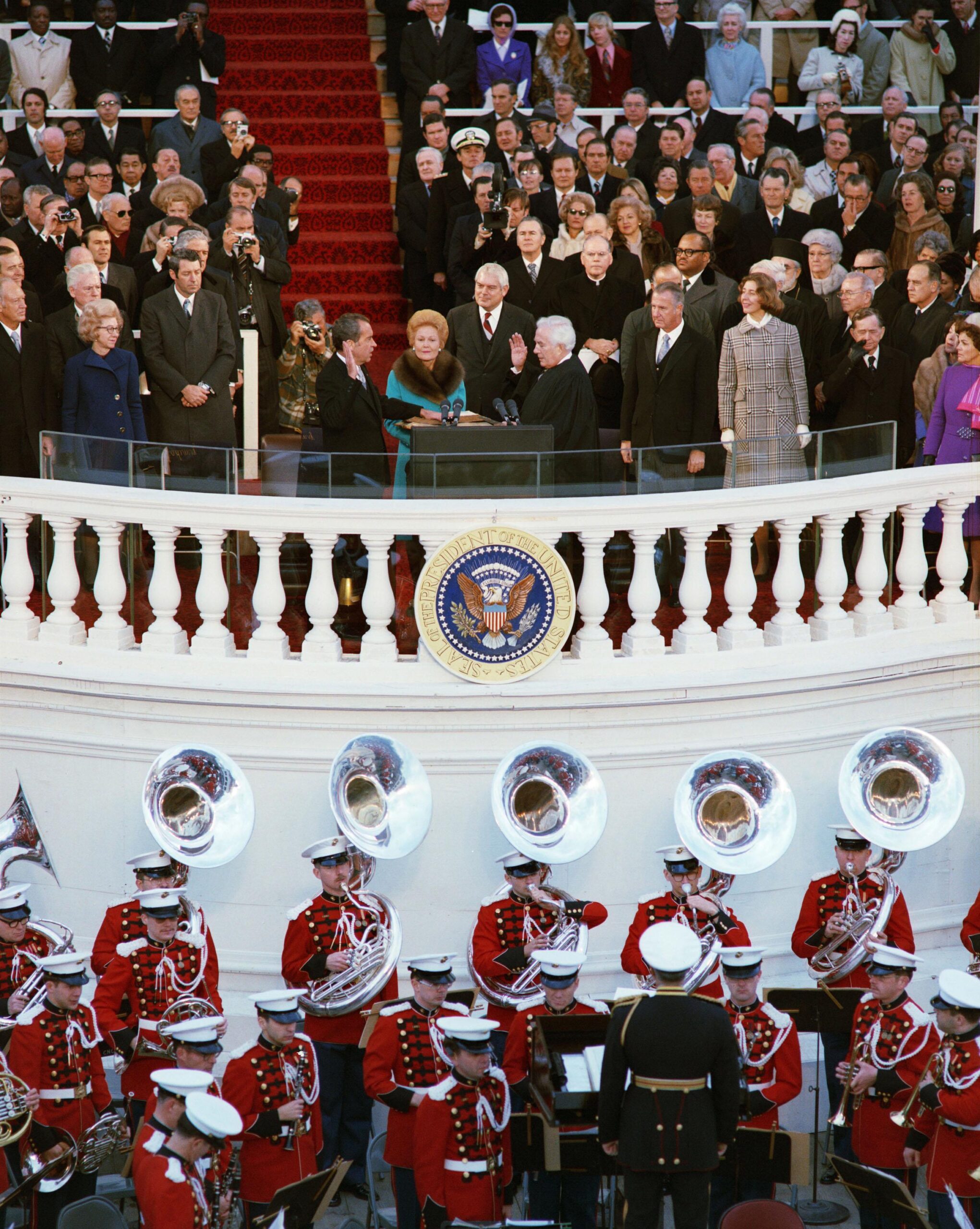U.S. President Richard Nixon taking the Oath of Office during his Second Inauguration. Later presidents Jimmy Carter and Ronald Reagan can be seen in the crowd. (1973) [2400×3011]