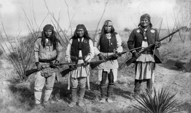 Apache warriors armed with rifles, 1886. Their speed, survival skills, and knowledge of deserts, mountains, and canyons made them one of the most feared fighting forces on the frontier during the final years of Apache resistance. [652×387]