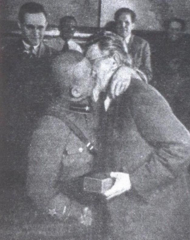 Nikolai Yezhov kisses Mikhail Kalinin after the presentation of the Order of Lenin. July 17, 1937 [626×790]