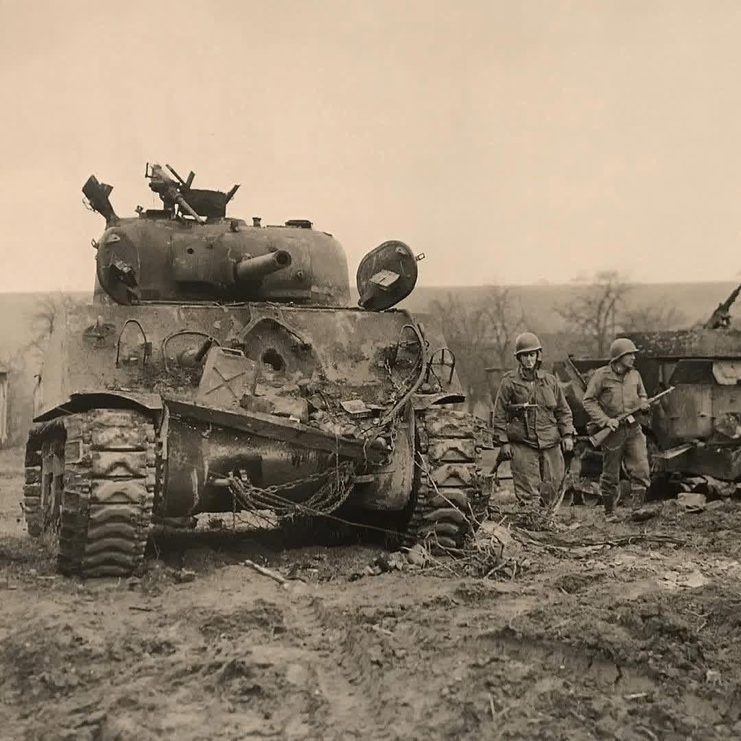 M4A3 75mm Sherman knocked out by a German 88 near Irsch, Germany, February, 1945. [1080×1080]