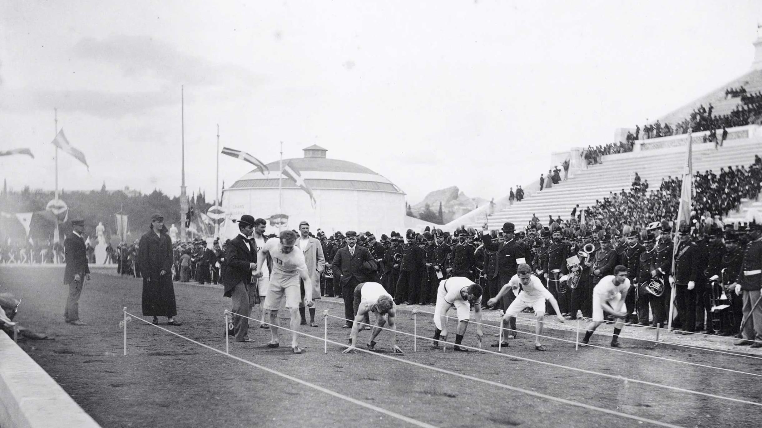 The 100m sprint, the very first event of the first modern Olympic Games, Athens, April 6, 1896 [2440 × 1372]