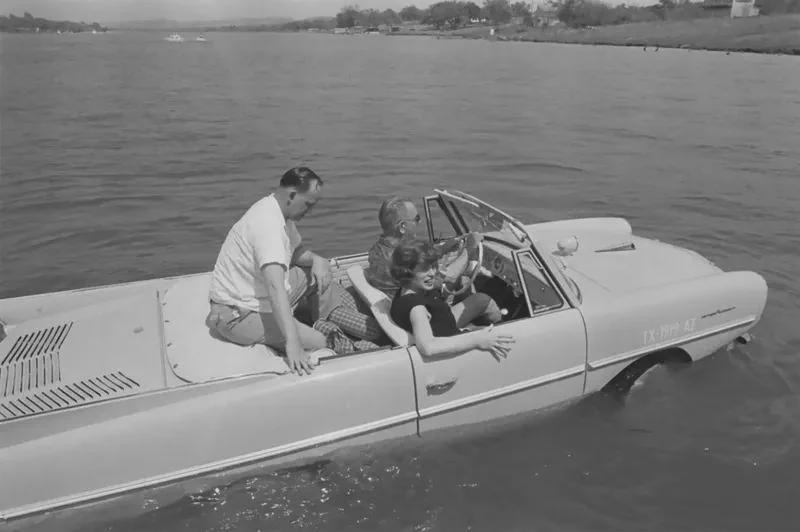 This is President Lyndon B. Johnson driving a Amphicar, a, well, amphibious car designed to operate on land and Sea, 1965. [800×532]