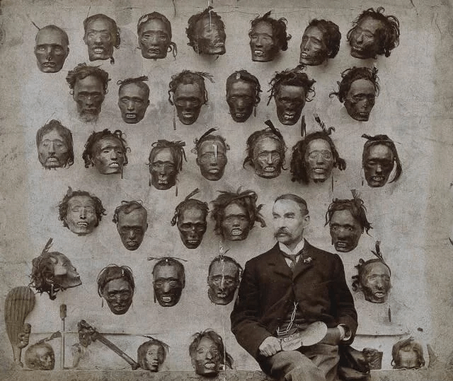 English Major General Horatio Gordon Robley with his collection of Maori Tribe heads, 1865. [640/539]