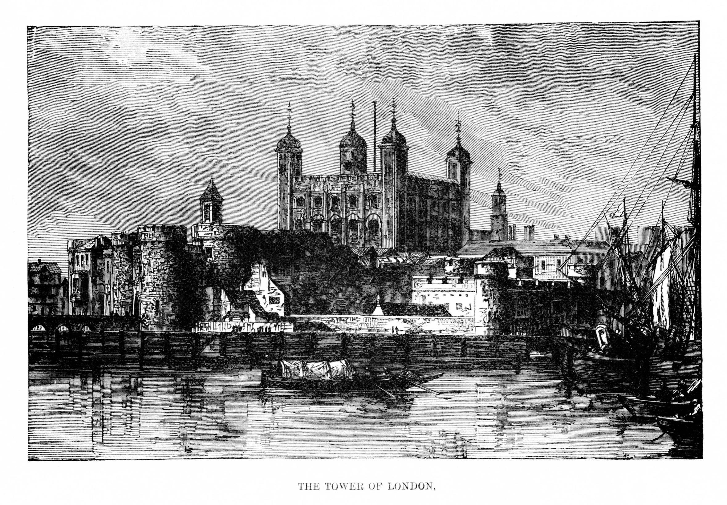 The Tower of London, where Thomas Blood attempted to steal the Crown Jewels in 1671, illustration c. 1880s [1600 × 1000]