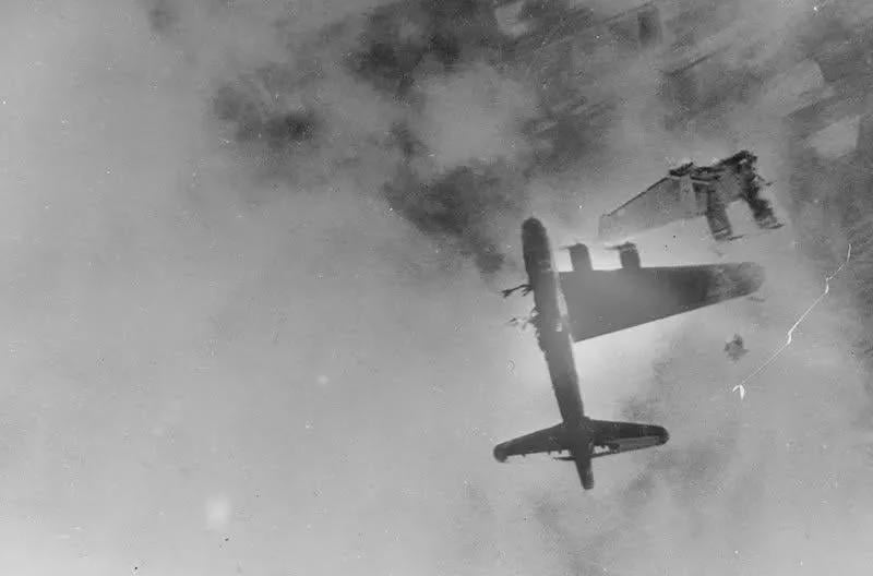 B-17G ‘Wee Willie’ shot down in a sortie over a marshaling yard in Stendal, Germany. Of the crew of 9 only the pilot survived. April 8 1945. [800×528]