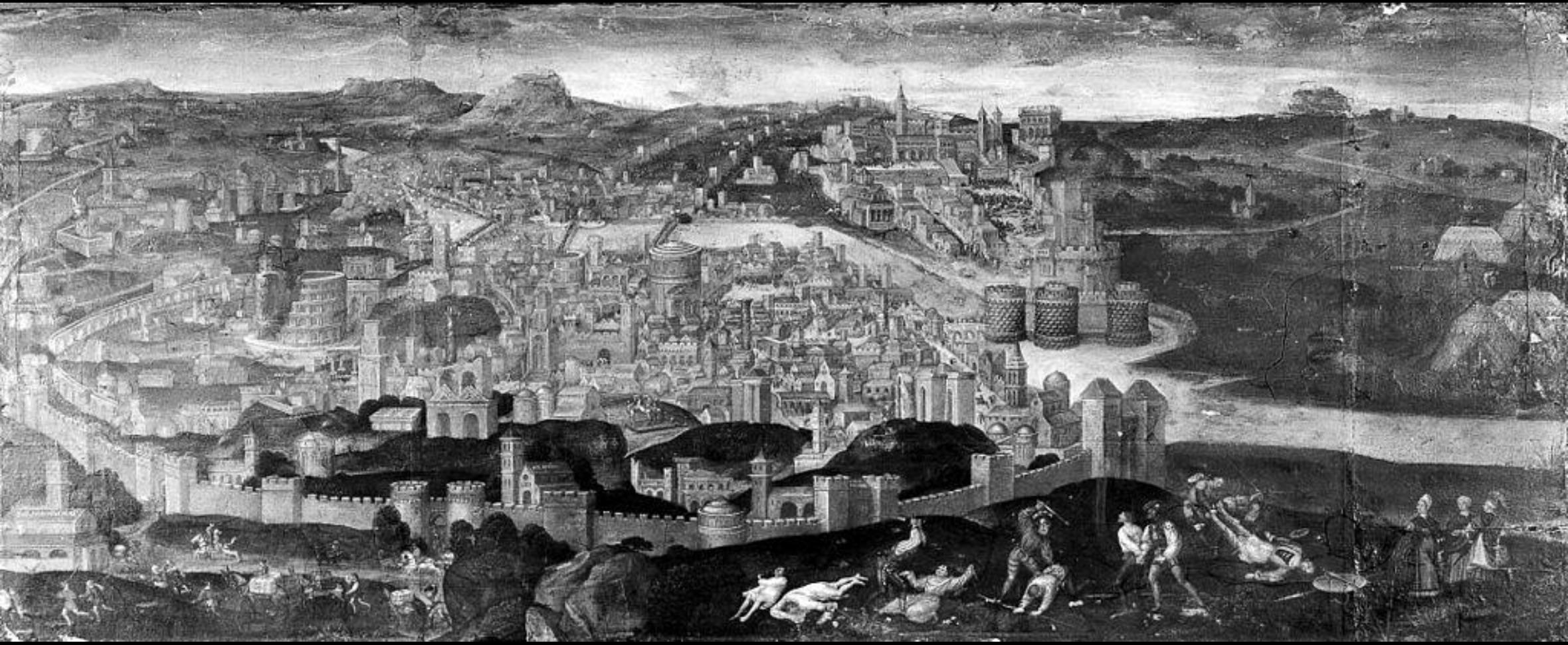 Photograph of a 16th-century painting depicting the Sack of Rome, Rome, Italy, photo taken c. 1900s [1950 × 797]