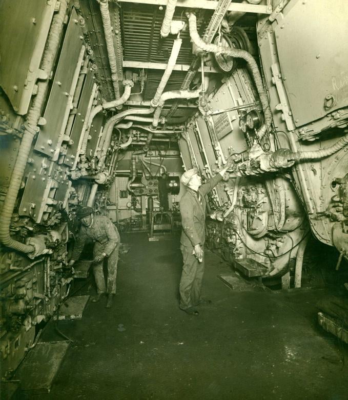 Boiler room at Mauretania after the conversion to oil burning, 1921.[679×780]