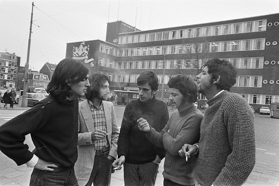 Portuguese deserters in front of Amsterdam Police headquarters during the Colonial War. Amsterdam, North Holland, Netherlands. November 7, 1969 [800×533]