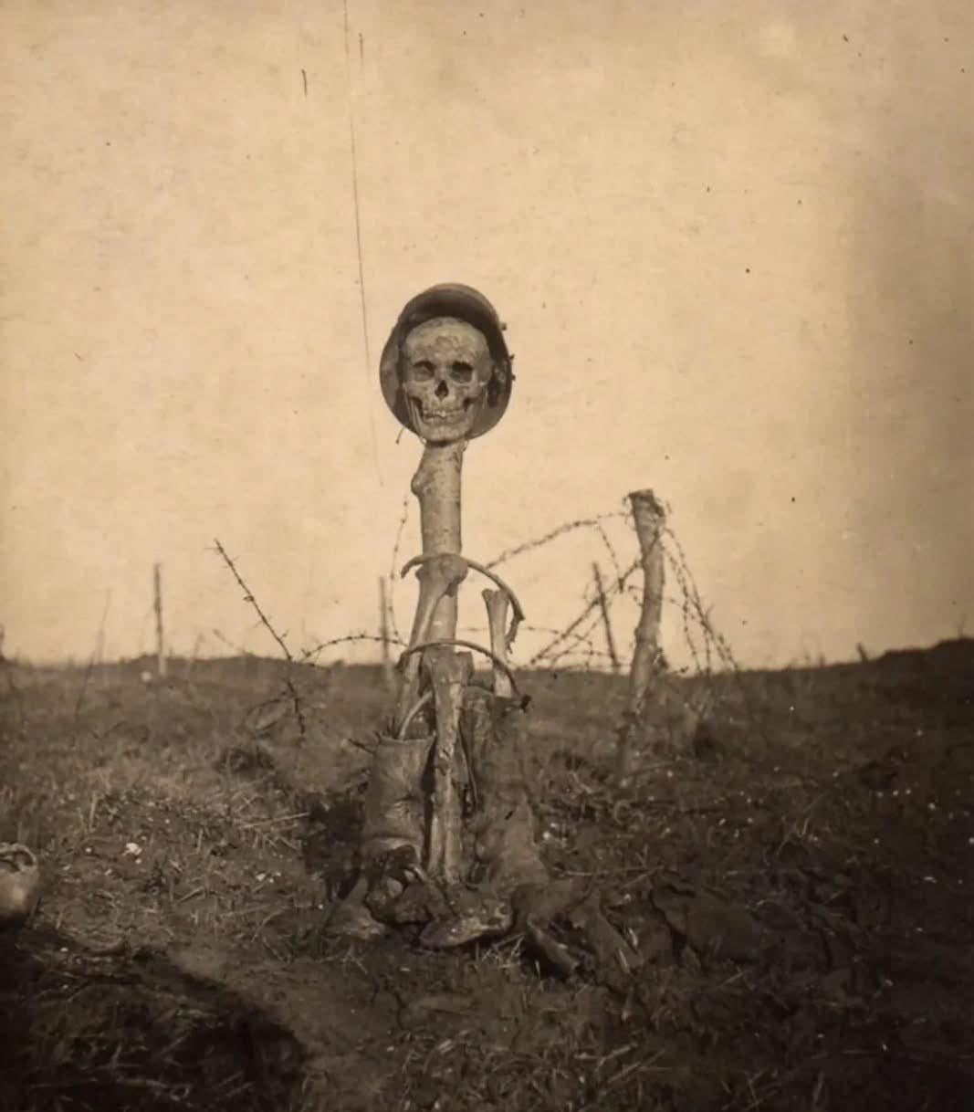 Sculptures made by British soldiers from the skeletal remains and equipment of fallen German soldiers at St. Quentin, ca. 1918. [1067×1218]