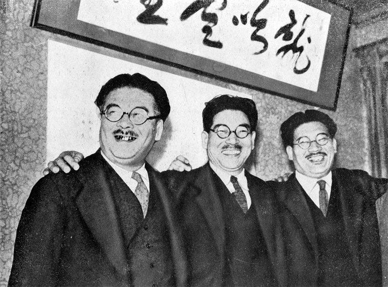 Socialist Mass Party leaders celebrating their doubling of seats in the general election. From left: Asō Hisashi, Asanuma Inejirō, and Abe Shigeo. Japan, May 1937.[800 × 591]
