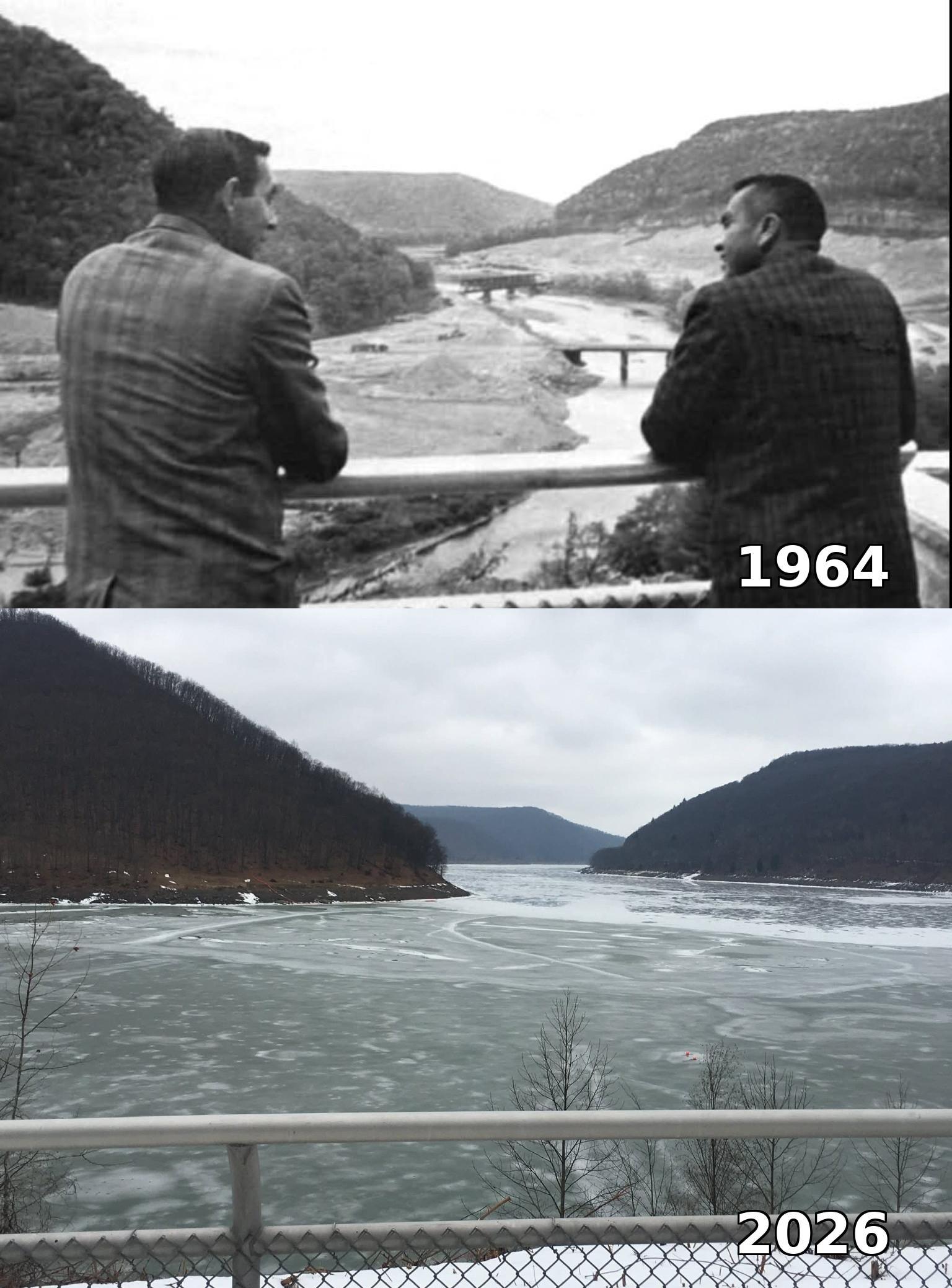 1964 → 2026: George D. Heron and Sidney Carney overlooking the valley before it was flooded for Kinzua Dam