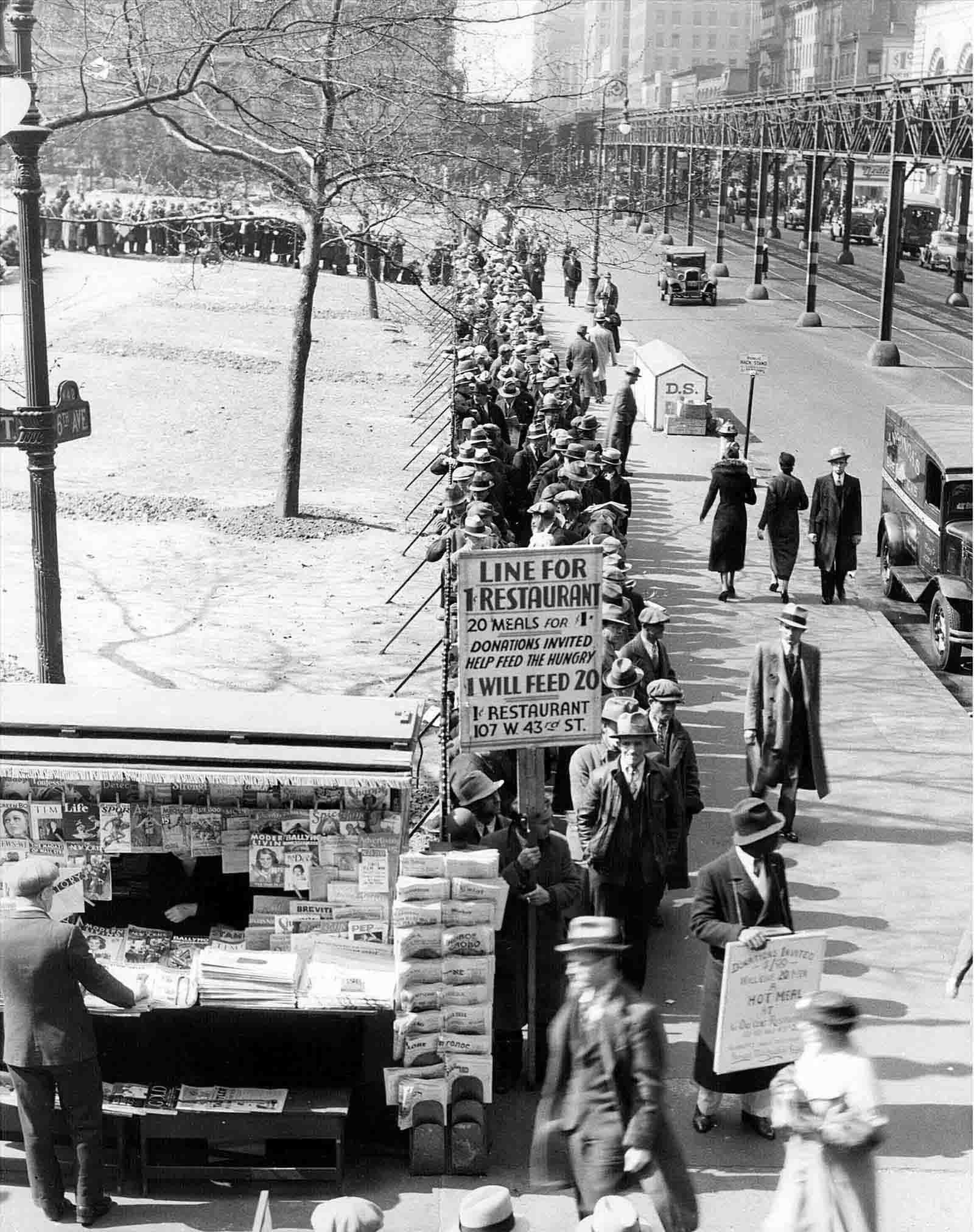 A long line of hungry people during the Great Depression, waiting for food at the intersection of 6th Ave and 42nd St in New York City. (1932)[1600×2024]