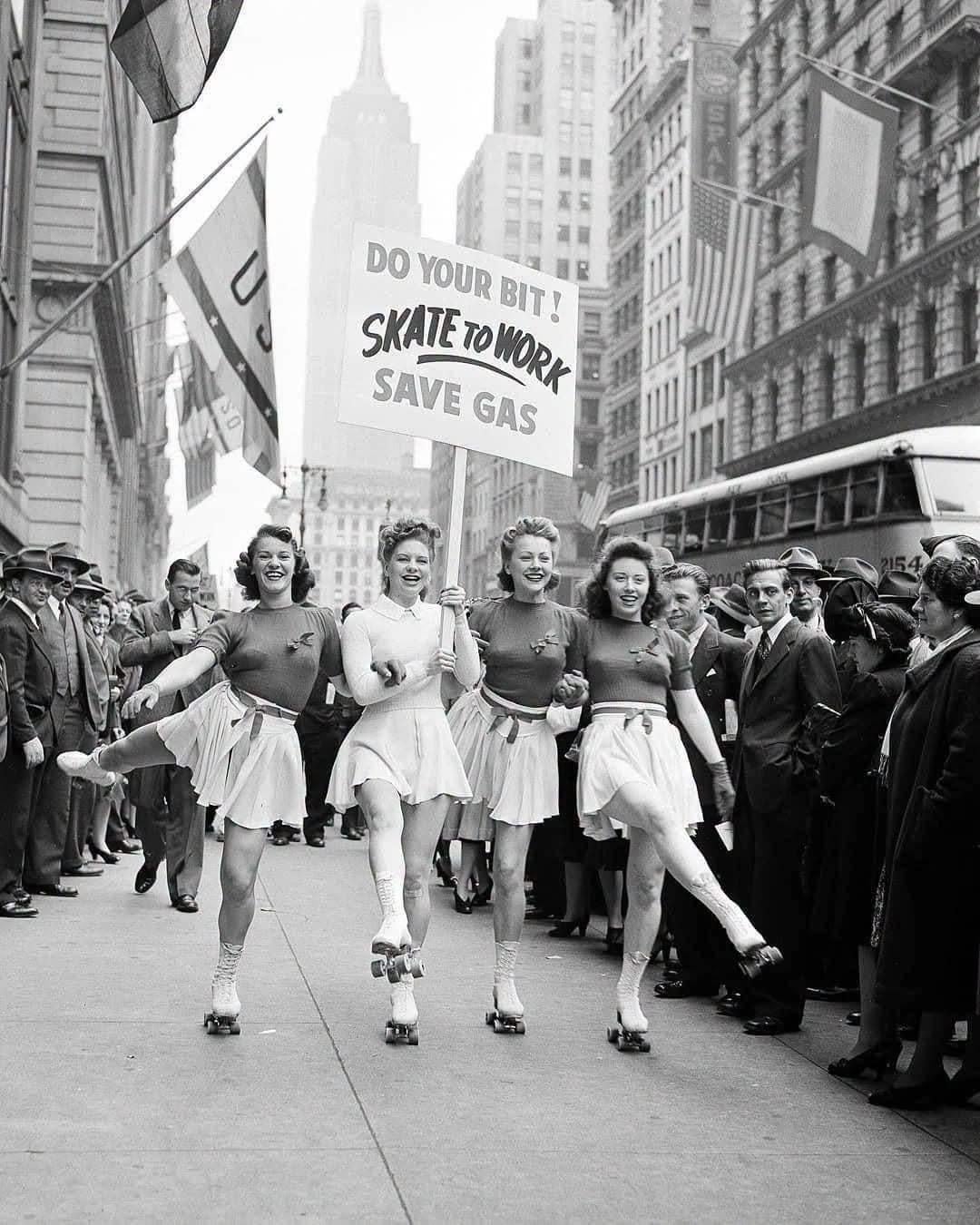 Four “Roller Vanities” of the Broadway show skate up New York’s Fifth Avenue as they campaigned to save gas, June 2, 1942. From left to right: Ronnie Billet, Dolly Durkin, Isabel Newland and Jo Reilly. [1080×1350]