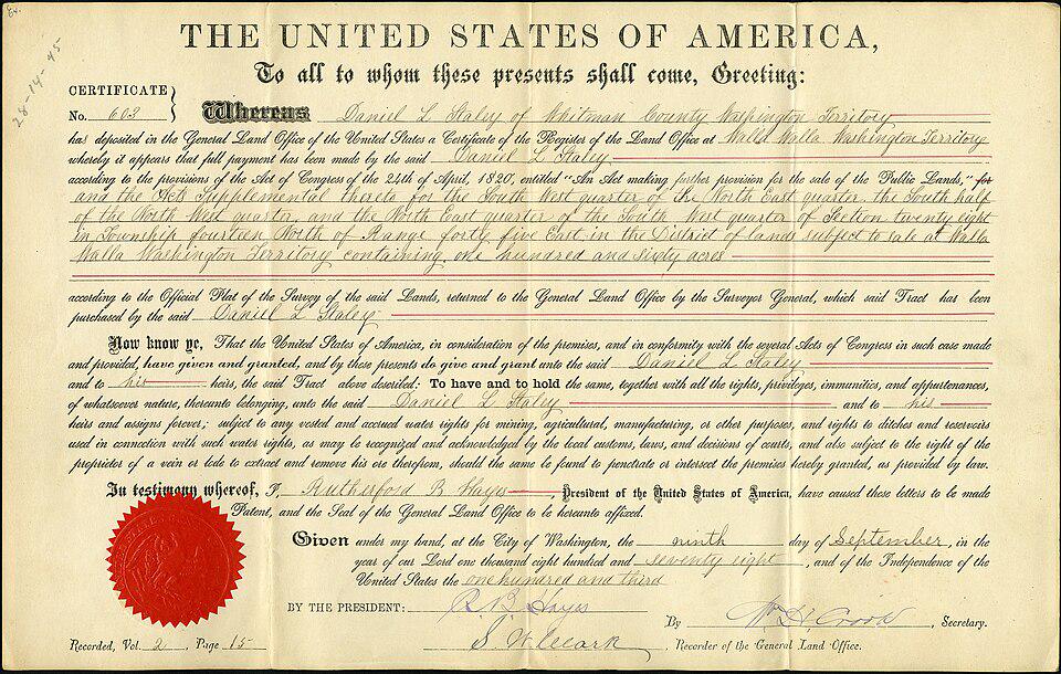 A General Land Office Certificate documenting a 160-acre land allocation grid, issued September 9, 1883 [960×610]