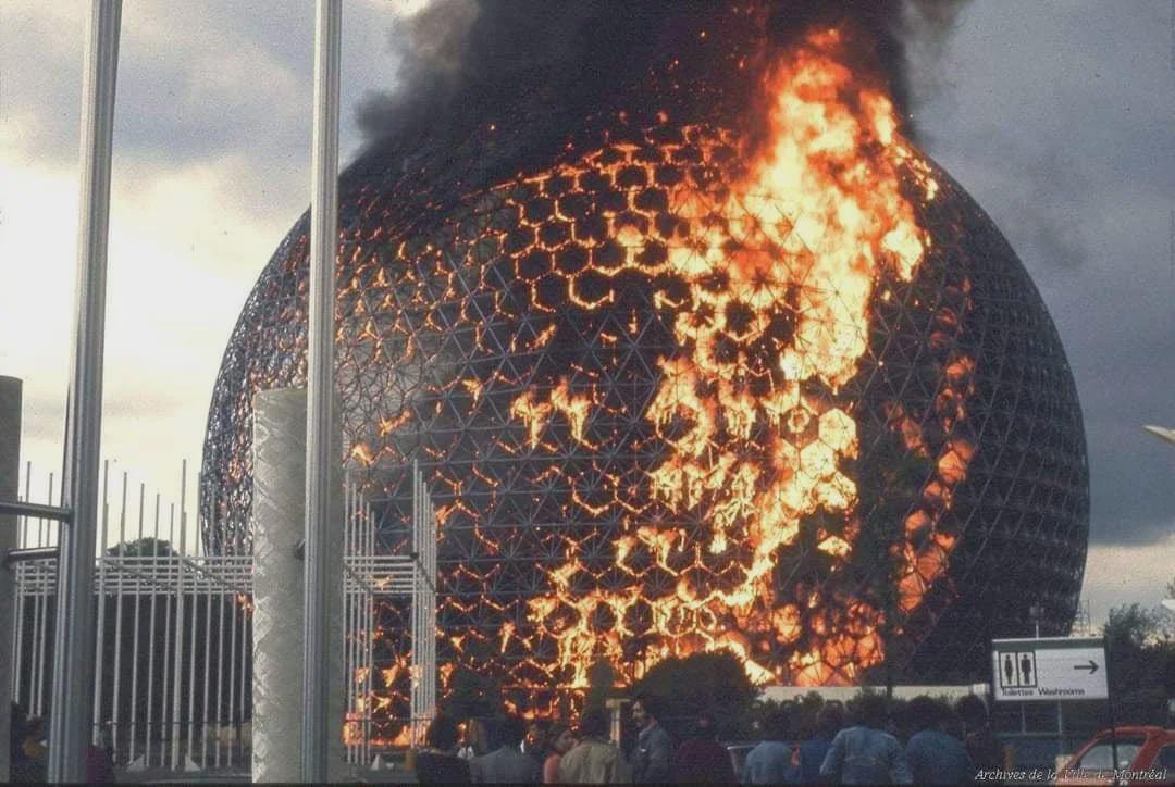 The Montreal Biosphere on fire in 1976. [1080×724]