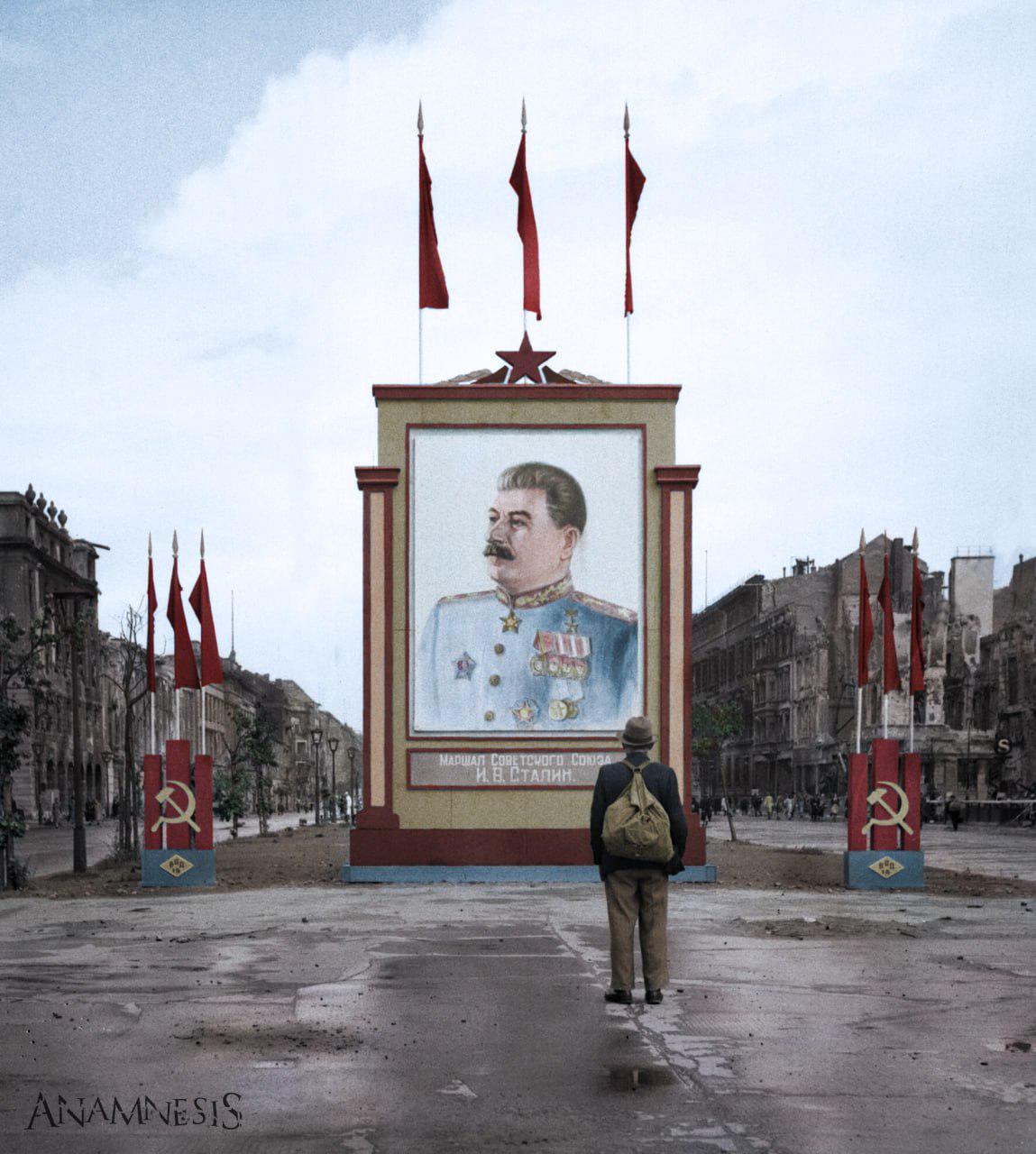 A German civilian looks at a large poster portrait of Stalin on the Unter-den-Linden in Berlin, 3 June 1945. Author: No 5 Army Film & Photographic Unit, Hewitt (Sgt)[1149×1280]