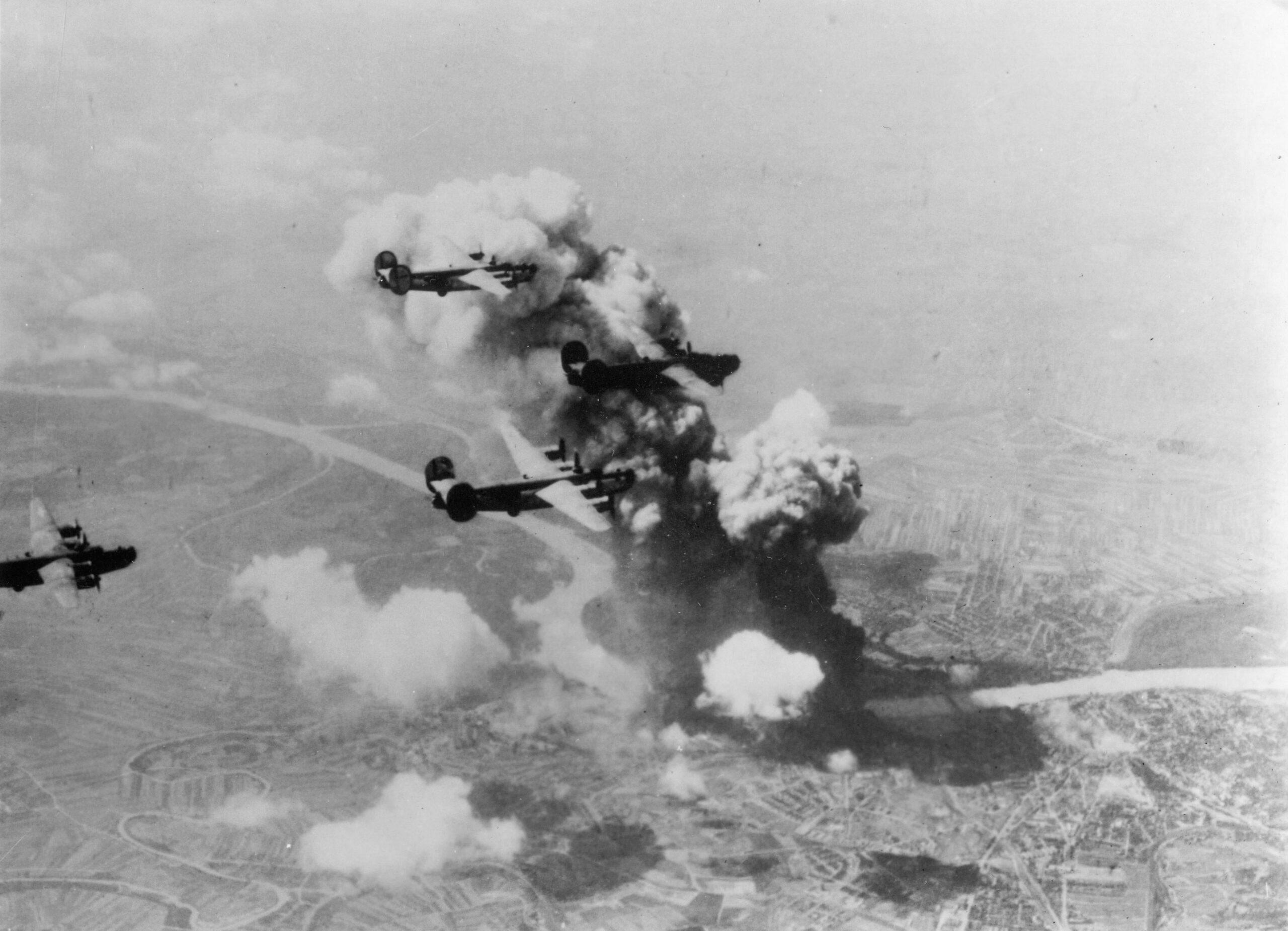 B-24 Liberator bombers of the U.S. Army Air Forces during a bombing raid on Bratislava. 16 June 1944 [3600 × 2602]