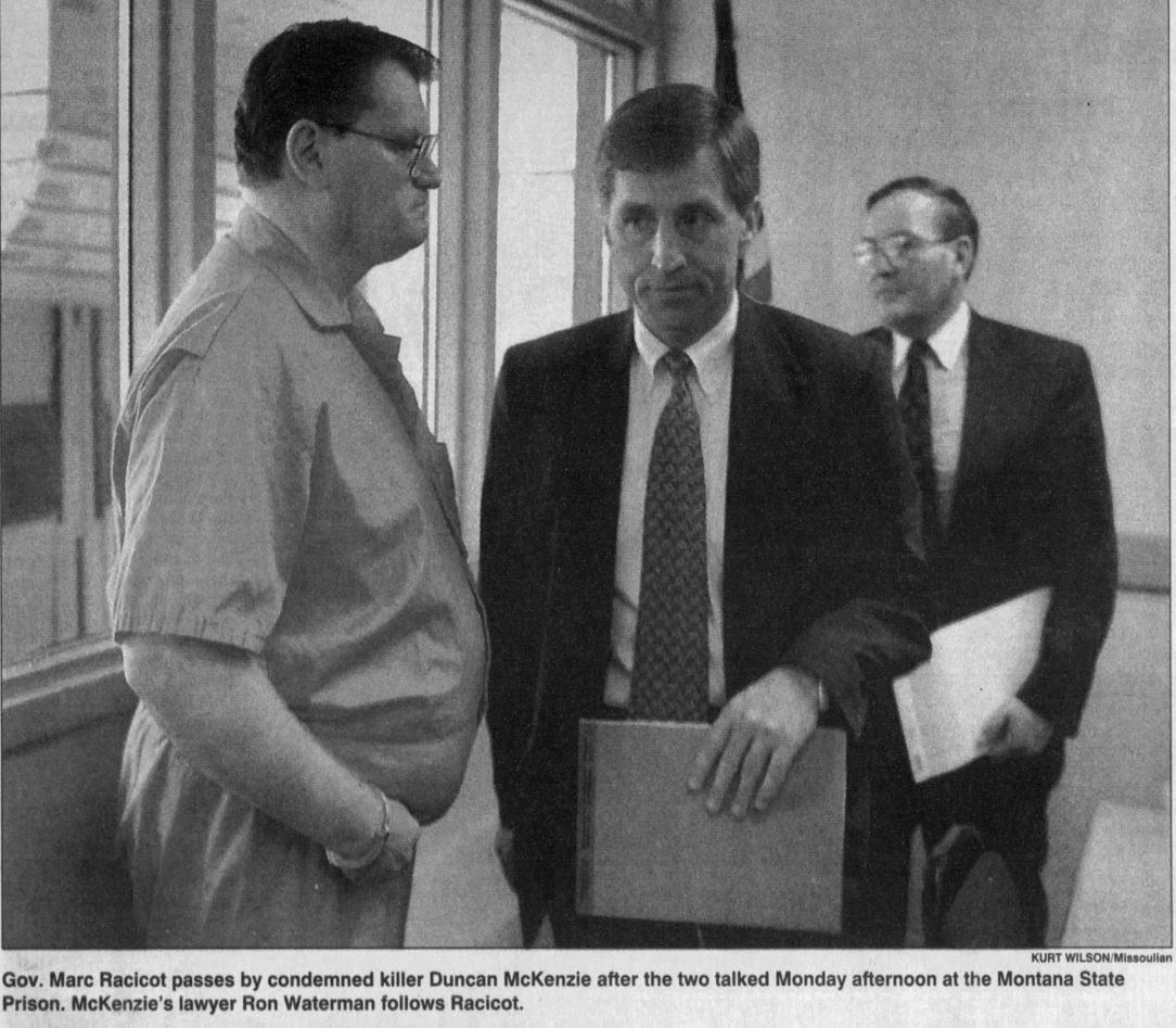 Montana Governor Marc Racicot passes by death row inmate Duncan McKenzie. At a face-to-face meeting, McKenzie pleaded for his life and said he was innocent. Racicot concluded that he was a liar and refused to intervene. McKenzie was executed two days later (Deer Lodge, 1995) [1084 x 947].