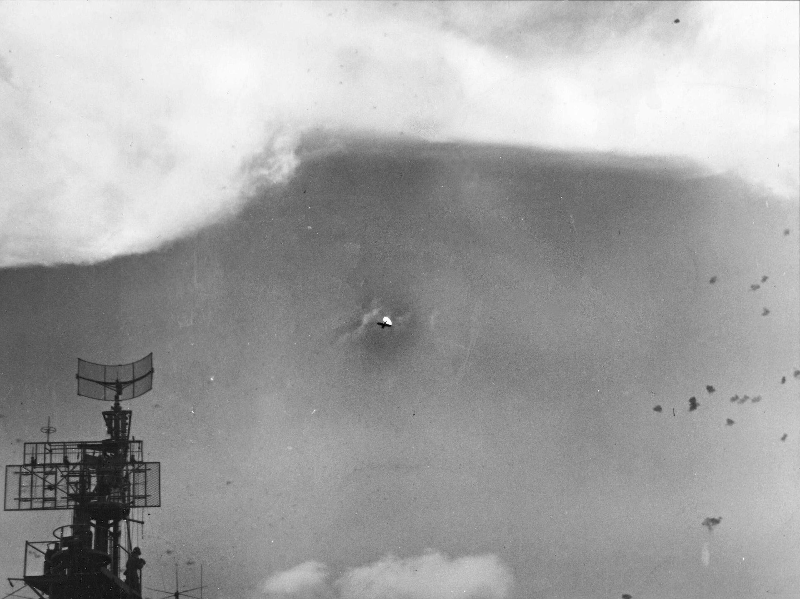 A Japanese plane is shot down over the U.S. Navy light aircraft carrier USS Cabot (CVL-28) during the Battle of the Philippine Sea, 19 June 1944 [2630 × 1968]