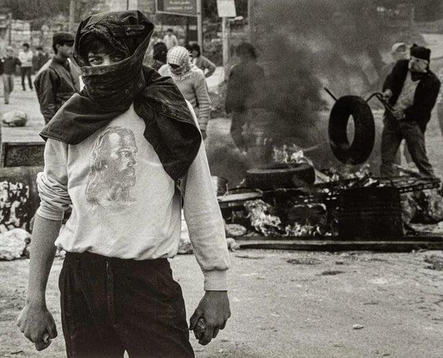 Palestinian Christian photographed during the first Intifada protests against Israeli occupation at Bethlehem, 1988. [640×515]