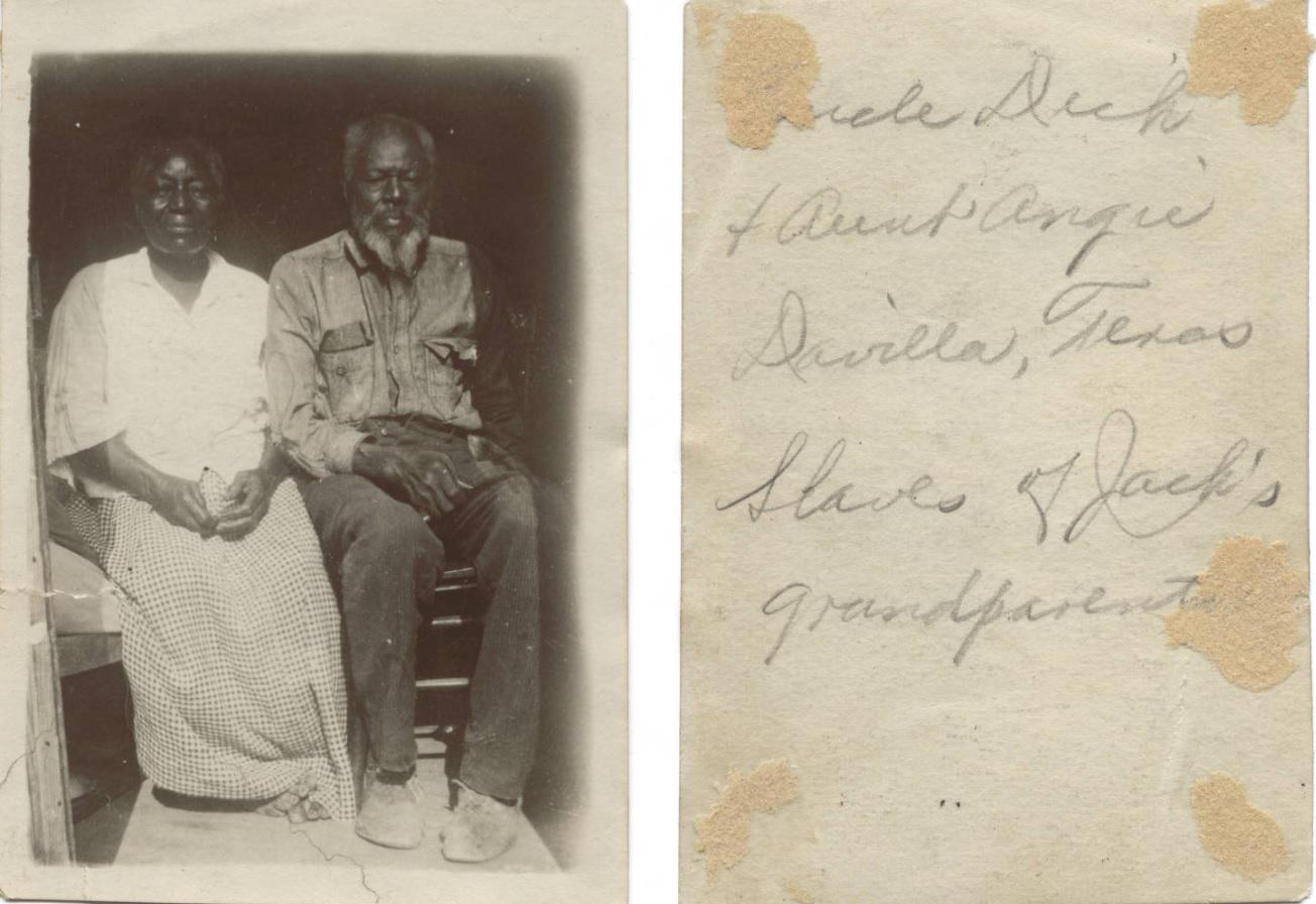 Photo of an old couple of ex-slaves, in the back of the photo there was the message: “Uncle Dick and aunt Angie, Davilla, Texas, Slaves of Jack’s grandparents”. Circa 1920s [1304×896]