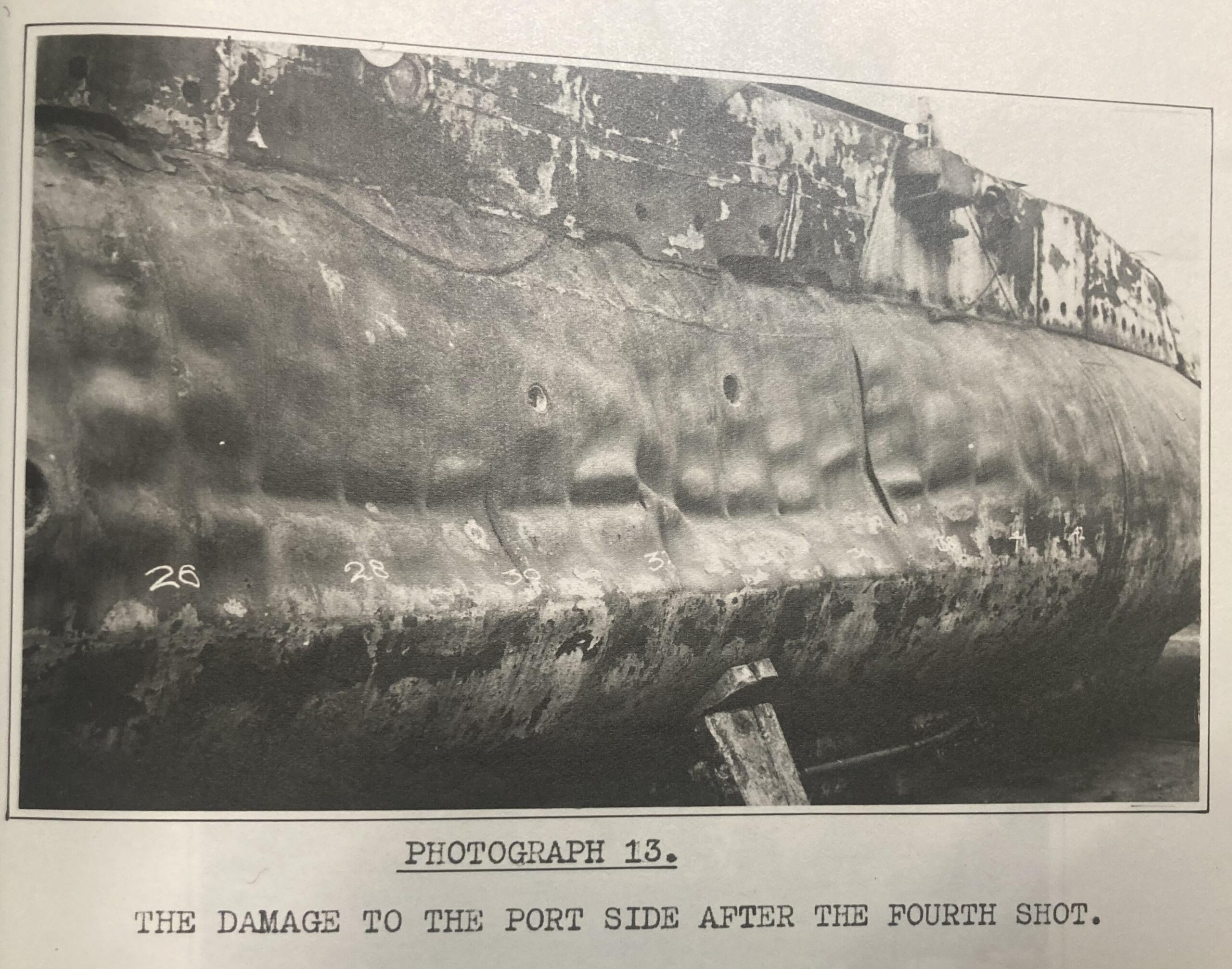 Damage done to the hull of a British X-craft (mini-sub) during intentional experiments with underwater explosives in preparation for their use before D-Day, 1943 [3337×2625]