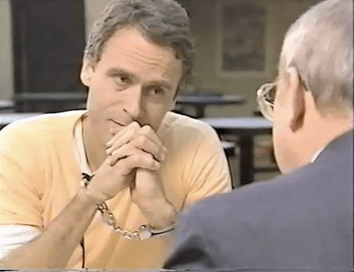 Ted Bundy gives an interview to Dr. James Dobson, the founder of a far-right Christian evangelical organization, the day before his execution. In the interview, Bundy, who confessed to raping and murdering 30+ women and girls, attempted to blame his crimes on pornography (Florida, 1989) [387 x 503].